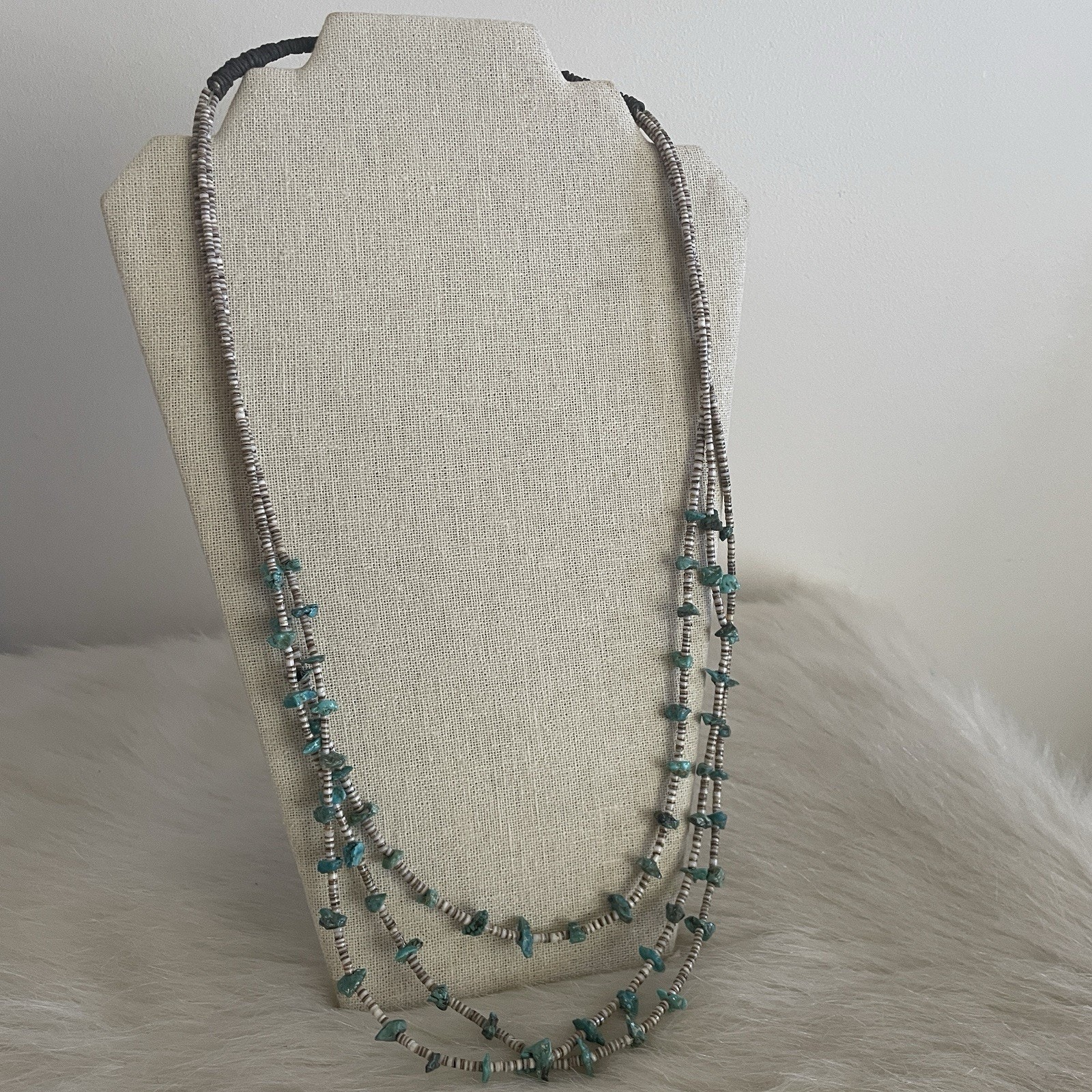 Vintage Native American Triple Strand Turquoise And Heishi Bead Necklace Old